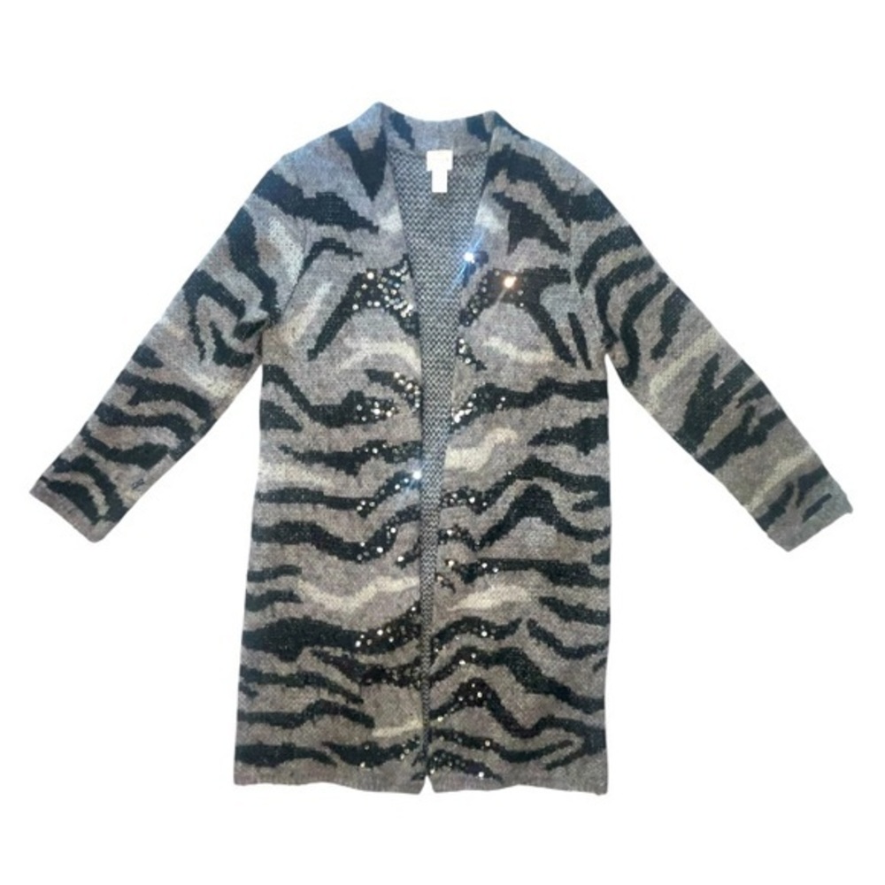 Chico’s Animal Print Sequins Open Front Cardigan Sweater Size 1/Medium